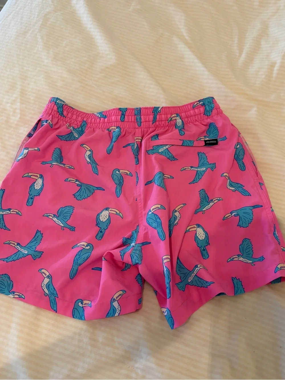 chubbies Hot Pink Toucan Print Swim Trunks with White Drawstring